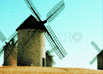 windmills in field. La Mancha, Spain