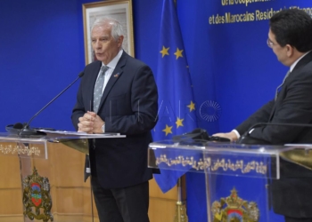 Rabat (Morocco), 05/01/2023.- Moroccan Foreign Minister Nasser Bourita (R) and Josep Borrel (L), High Representative of the European Union for Foreign Affairs and Security Policy, attend a joint press conference after a meeting at the Foreign Ministry building in Rabat, Morocco, 05 June 2023. (Marruecos) EFE/EPA/JALAL MORCHIDI